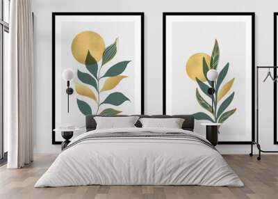 Abstract leaves and golden circle sun. Modern trendy background, abstact art minimalist style. Botanical Design for wall decoration, postcard, poster or brochure. Modern card for decorative design Wall mural