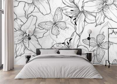 Beautiful monochrome, black and white seamless background with lilies and butterflies. Hand-drawn contour lines. Wall mural