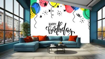 birthday banner. frame hand drawn cartoon watercolor balloons symbols of birthday party. design holi Wall mural