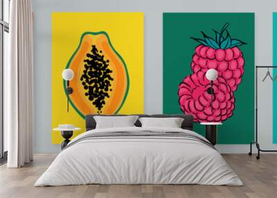 Fruit poster set apple,papaya, raspberry and plum. Modern style, pastel colors Wall mural