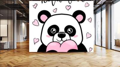 hello love. Hand drawn creative calligraphy and brush pen lettering. Cute Panda holds big heart. design for holiday greeting card and invitation wedding, birthday. Valentine s day and Happy love day Wall mural