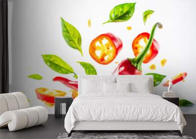 Red hot chilli peppers with half slices chili falling or flying in the air with green leaves isolated on white background. Generative AI Wall mural