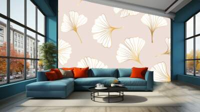 seamless pattern of hand draw illustrations floral outline golden ginkgo biloba leaves on pink background. for wall decoration, postcard or brochure cover design Wall mural