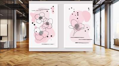 Set of creative minimalist hand draw illustrations floral outline, brush stroke and pastel simple shape for wall decoration, poster or brochure cover design Wall mural