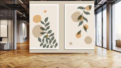 Set of creative minimalist hand draw illustrations green leaves and pastel simple shape for wall decoration, postcard or brochure cover design, poster Wall mural