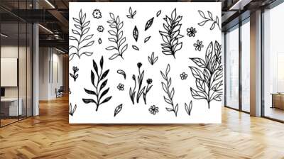 Set of flowers, berries and leaves collection. Floral hand drawn vintage set. Sketch art illustration. Element design for greeting cards and invitations of the wedding, birthday Wall mural