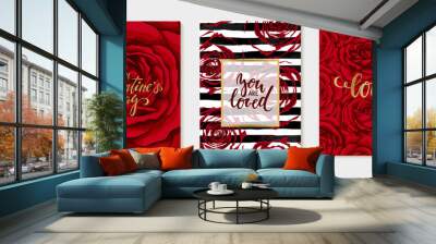 set of Luxury happy Valentines day card with red roses. Hand drawn calligraphy brush pen lettering. design greeting card and invitation of wedding, birthday, Valentine Day, mothers day, holiday. Wall mural