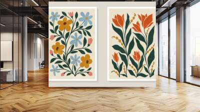 Set of trendy vintage wall prints with flowers, leaves, shapes. Modern aesthetic illustrations. Bohemian style Collection of contemporary artistic Design wall decoration, postcard, poster, brochure Wall mural