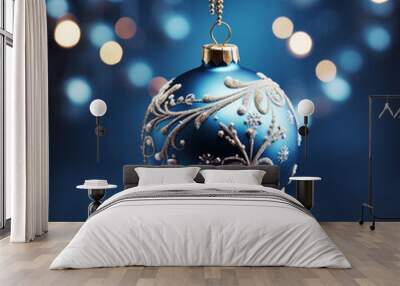 Christmas ball on the tree on blue background, ai technology Wall mural