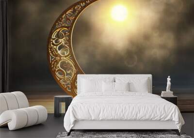 Eid-Ul-Adha festival celebration . Ramadan Kareem background. Crescent Moon and empty table, ai technology Wall mural