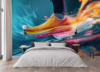 A dynamic action shot of brightly colored running shoes mid-stride, capturing the energy and performance of a high-quality athletic shoe. Wall mural