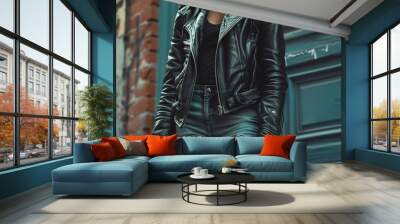 a modern and edgy leather jacket paired with distressed skinny jeans, creating a bold and rebellious street-style statement. Wall mural