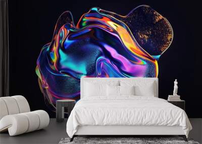 Bold Holographic Liquid Blob Shape Isolated on Black - Iridescent Wavy Melted Substance
 Wall mural