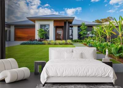 Contemporary Australian Home House Investment - Australia Comfortable Residential Building Landscapes with Grass Lawn Turf and Timber Edging Constructioin Door Estate Exterior Garage Housing Living
 Wall mural