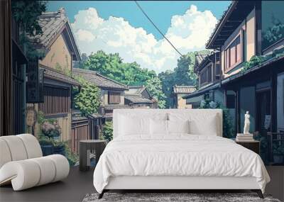 Lofi Beautiful Japanese Japan Village City Town in and Buddhist Temple Shinto Shrine Architecture- Anime Manga Style Cozy Chill Relax Interior Wallpaper Background
 Wall mural