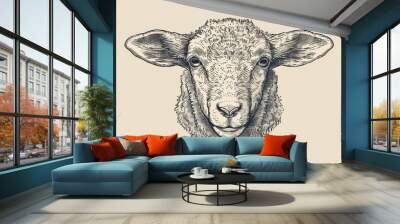 Sheep, lamb. Vintage retro print, black white sheep lamb sketch ink pencil style drawing, engrave old school. Sketch artwork silhouette farm sheep lamb. Side view profile. Illustration Wall mural