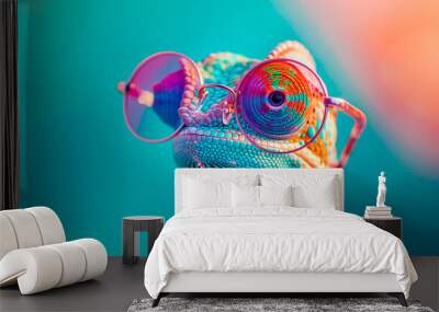 a chameleon wearing sunglasses in front of a colorful background Wall mural