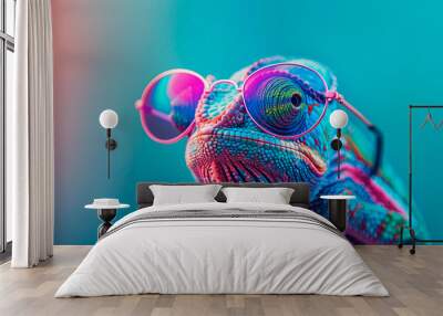 a chameleon wearing sunglasses in front of a colorful background Wall mural