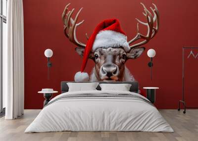 a reindeer with a christmas hat with red sparkling and snowing background for christmas Wall mural