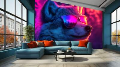 A wolf with sunglasses in a forest with neon background Wall mural