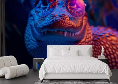 Crocodile with sunglasses in front of a tropical colorful neon background Wall mural