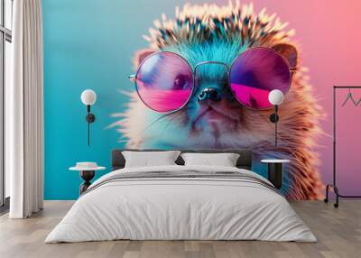 Hedgehog with sunglasses in front of a colorful neon background Wall mural