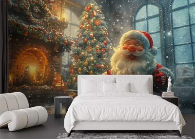 smiling santa claus in a living room with a christmas tree Wall mural