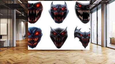 Monstrous heads with glowing eyes in different menacing expressions isolated on transparent background Wall mural