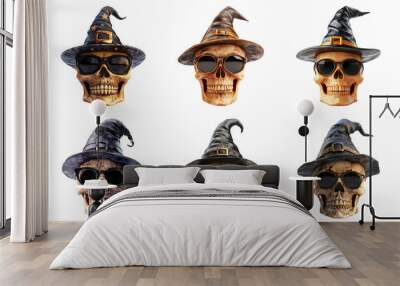 Skull icons with witch hats isolated on transparent background Wall mural