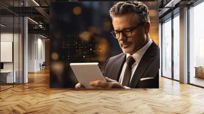 A businessman holding a tablet and looking at a virtual blockchain network with data fields floating around him. A close up shoot of hands and tablet, using a Canon EOS 5D Mark IV with a 70-200mm f/2. Wall mural