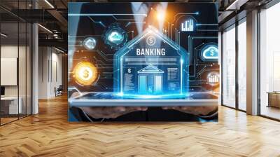 Digital Banking Revolution:  A businessman holds a tablet showcasing a futuristic digital representation of a bank, symbolizing the transformative power of technology in the financial sector.   Wall mural