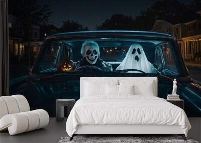 Spooky Road Trip: Halloween Night Drive. A skeleton and ghost enjoy a nighttime cruise in a vintage car, jack-o'-lantern in tow.  Perfect for Halloween, spooky season, and autumn themes. Wall mural