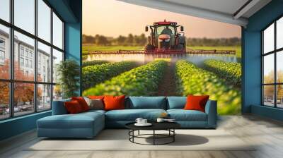 A tractor sprays pesticides on a soybean field using a sprayer in the spring Wall mural