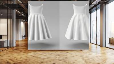 Blank white womens mini skirt mockup front and back view 3D rendering Empty elegant short dress or gown for girls outfits mockup isolated Clear casual fabric Aline clothing Wall mural