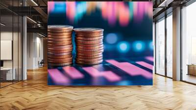 Business finance and investment concepts focusing on capital gain world money economic growth coin stacks financial graph charts and market reports on cash currency Wall mural