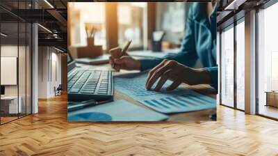 Businessman analyzing a marketing plan while an accountant calculates financial reports using a computer with graph charts Concepts related to business finance and accounting Wall mural