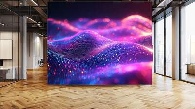 Glowing waves with motion dots and lines form an abstract digital background representing big data connection concepts in a futuristic technology backdrop rendered in 3D Wall mural