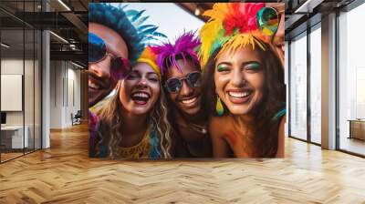 Individuals in outfit celebrates Carnival. Bunch of companions have fun in brazilian occasion party Wall mural