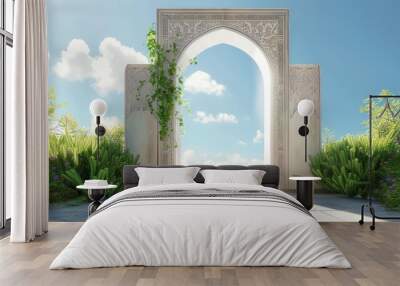 Mosque door with a background of a green garden and blue sky Wall mural