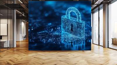 Padlock with keyhole icon symbolizing personal data security illustrating cyber data or information privacy concept in a blue color with abstract highspeed internet technology Wall mural