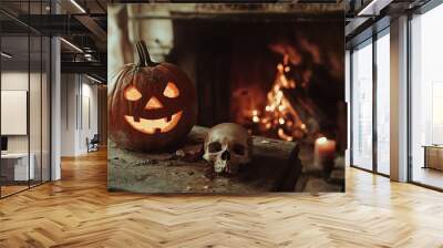 Scary laughing pumpkin and old skull on an ancient gothic fireplace Halloween theme with elements of witchcraft and magic Wall mural