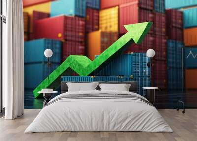 Shipping containers with an upward green arrow indicating increased transportation volumes income growth rising imports and exports and economic development Wall mural