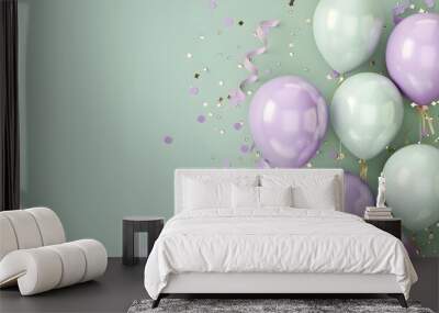 Pastel Lavender Party Balloons with Confetti on Sage Green Background for Birthday or Anniversary Wall mural