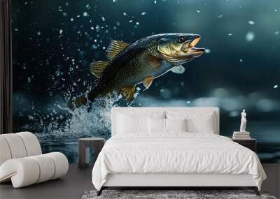 A Fish Leaping Out of Water With Splashing Water Droplets Wall mural