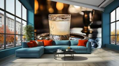 A Glass of Cold Drink with Ice on a Silver Tray Wall mural