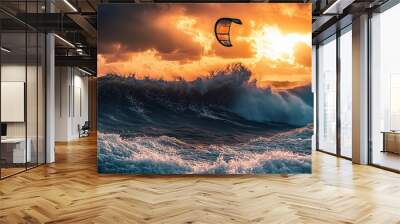 A Kite Surfer Rides a Wave at Sunset with a Dramatic Sky Wall mural