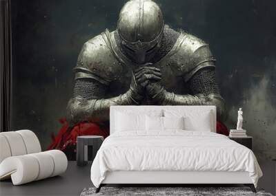 A Knight in Full Armor Kneeling with a Sword praying Wall mural