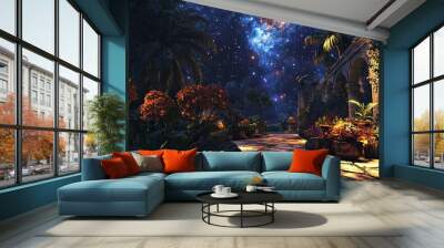 A Stone Path Illuminated by Moonlight in a Lush Garden with a Starry Sky Overhead Wall mural