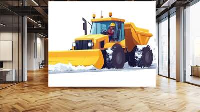 A Yellow Snowplow Clearing Snow From a Road Wall mural