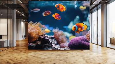 Anemonefish swimming amongst coral and anemones in an aquarium Wall mural